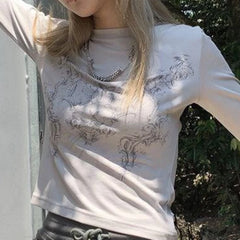 LIZAKOSHT  -  T Shirts Vintage O-neck Ladies Long Sleeve Grunge Print Graphic Streetwear