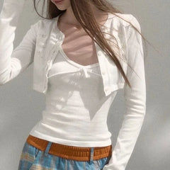 LIZAKOSHT  -  Spring Summer Korean All Match Two Piece Sets Sweet Lace Knitted Hollow Out Short Cardigan Y2k Bow Appliques Basic Slim Tanks