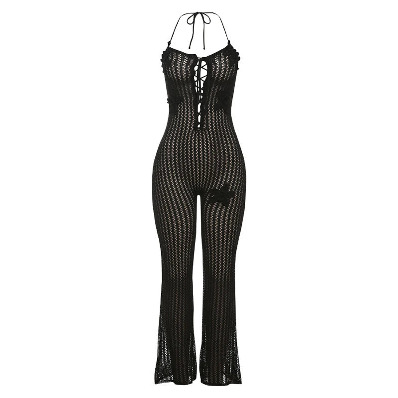 LIZAKOSHT  -  Knitted Halter High Elasticity See Through Halter Backless Solid Color Floral Appliques Club Street Low Cut Jumpsuit for Women