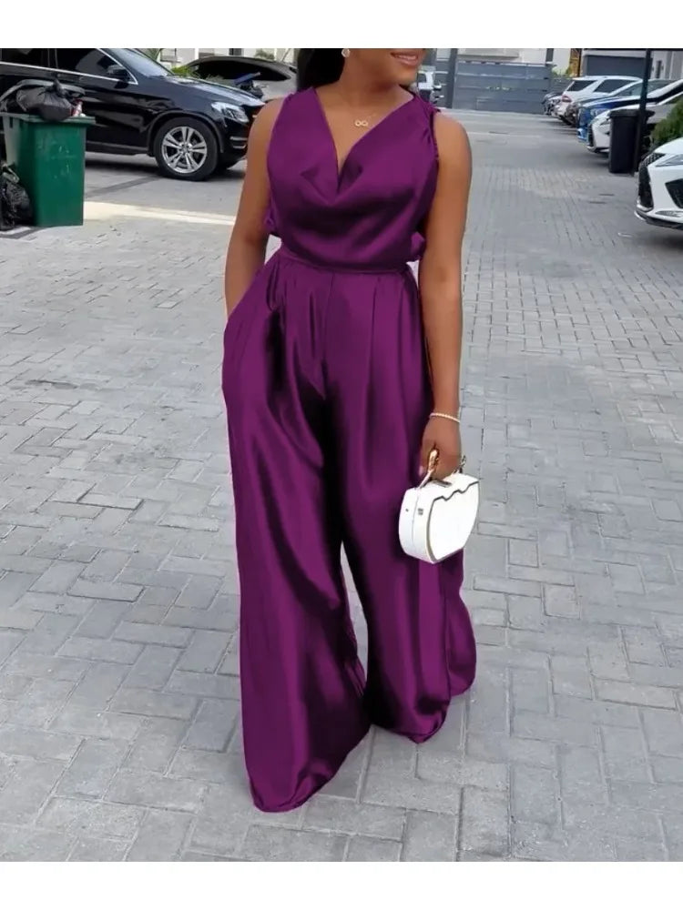 LIZAKOSHT  -  Deep V-Neck Jumpsuits Sexy Elegant Sleeveless Jumpsuit for Women New Loose High Waist Wide Leg Purple One-piece Pants