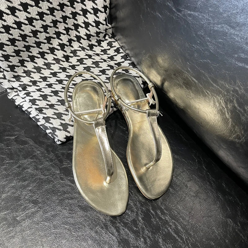 LIZAKOSHT  -  Summer Clip Toe Thong Flipflops Ladies Gold Gladiator Sandals Flats Narrow Band Roman Shoes Female Antiskid Beach Sandalias