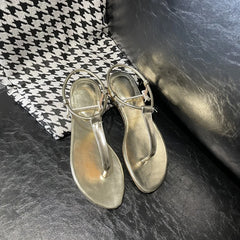 LIZAKOSHT  -  Summer Clip Toe Thong Flipflops Ladies Gold Gladiator Sandals Flats Narrow Band Roman Shoes Female Antiskid Beach Sandalias