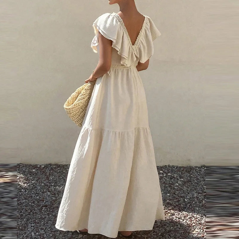LIZAKOSHT  -  Fashion Double V-neck Solid Color Dress Elegant High Waist Hollow Out Party Dress Summer New Bohemian Style Beach Vacation Dress