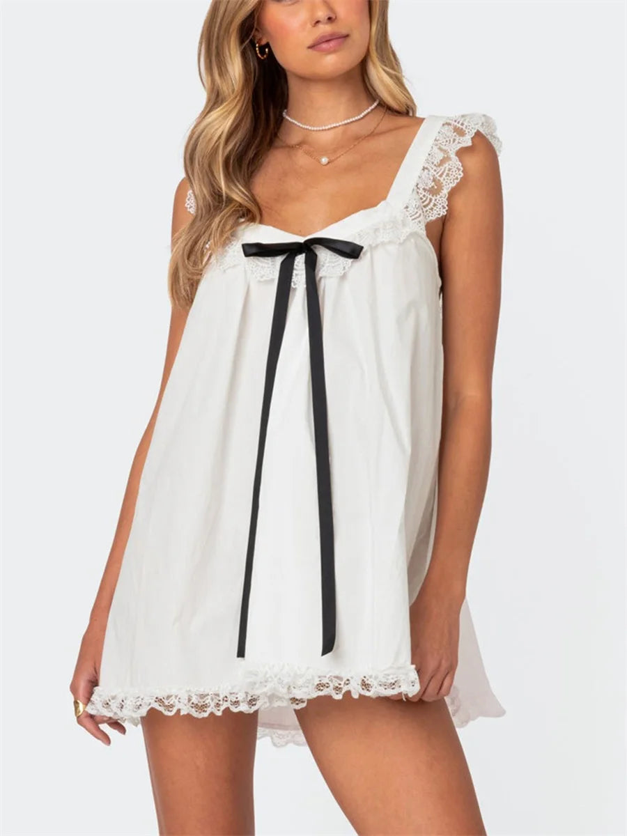 LIZAKOSHT  -  Women Y2K Lace Trim Mini Dress Cute Fly Sleeve Bowknot Babysoll Short Dress Summer Fairy Grunge Party Night Dress