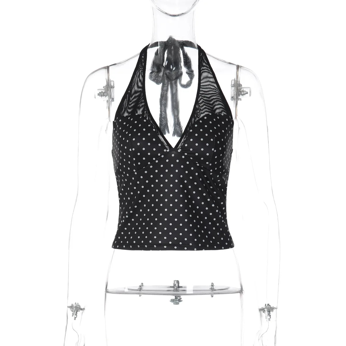 LIZAKOSHT  -  Woman Clothing Halter Neck Polka Dot Tank Tops 2026 Summer Casual Sexy Sleeveless Mesh Patchwork Corset Camisoles Black T-shirt