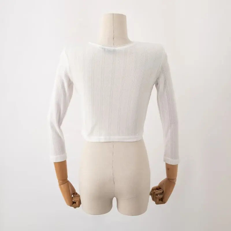 LIZAKOSHT  -  Early Autumn Short Hollow out Lace Trim Long Sleeve round Neck Single Button Open Cardigan Women's T-shirt Cotton Blend