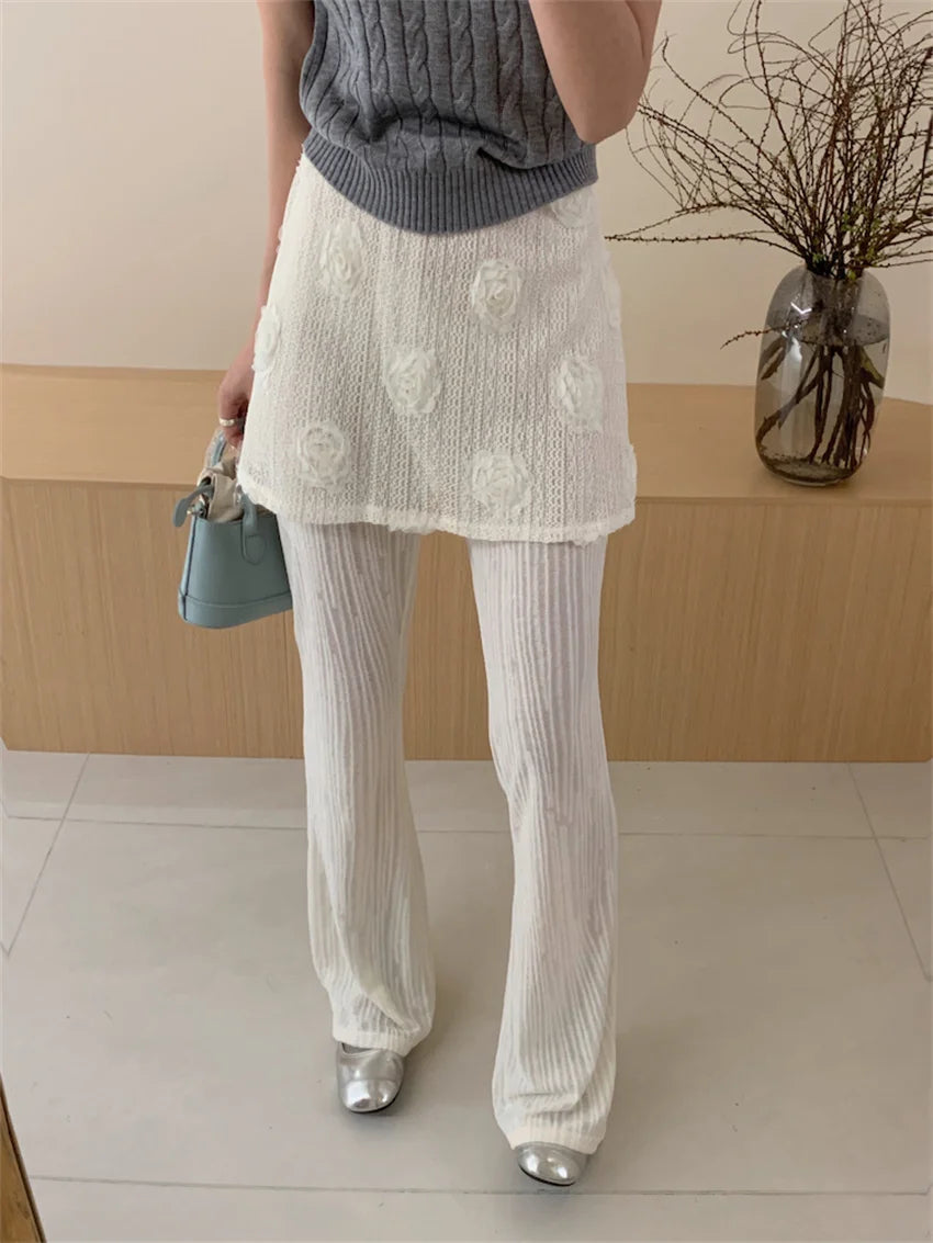 LIZAKOSHT  -  New Slim Flare Fake Two Piece Trousers Women Loose Wide Leg All Match High Street Summer Chic Pants Florals Casual