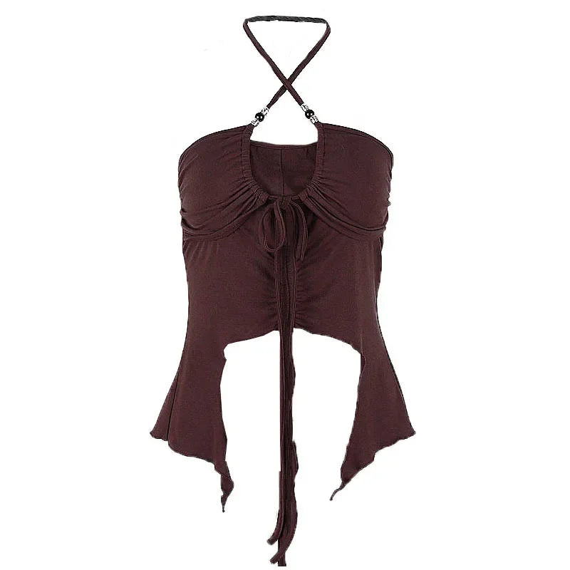 LIZAKOSHT  -  Korean Style Design Sense Hanging Neck Y2k Tank Chest Drawstring Lace Vest Women's Autumn and Winter Irregular Bottoming Tops