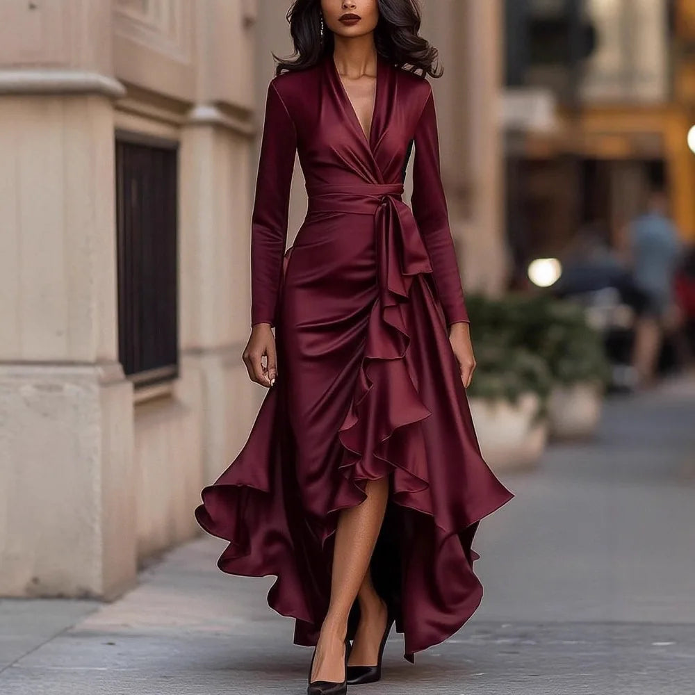 LIZAKOSHT  -  Women's Deep V-neck Ruffled Evening Gowns Solid Color Long Sleeves Lace-up High Waist Satin Party Dresses Wedding Guests Dress