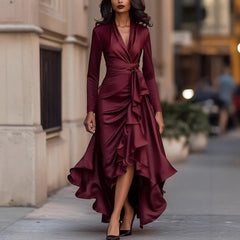 LIZAKOSHT  -  Women's Deep V-neck Ruffled Evening Gowns Solid Color Long Sleeves Lace-up High Waist Satin Party Dresses Wedding Guests Dress