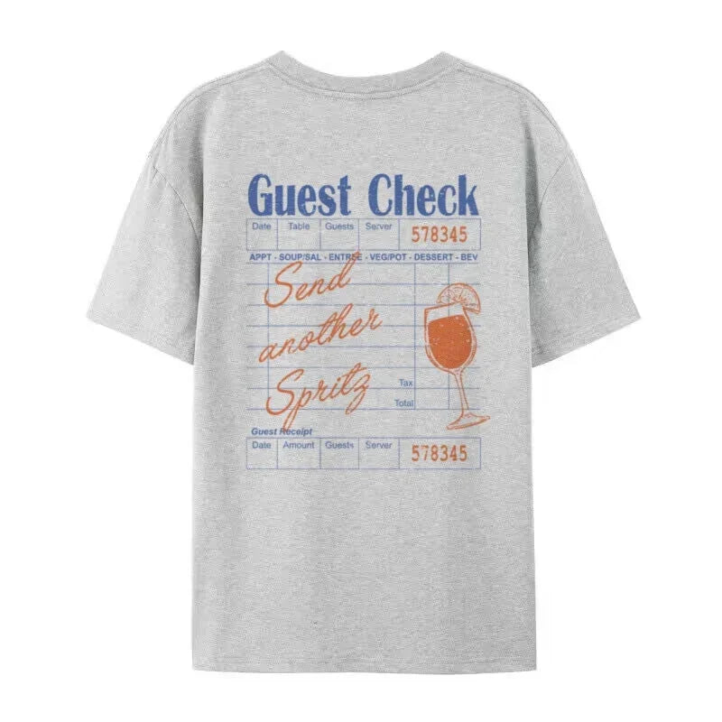 LIZAKOSHT  -  Guest Check Spritz Back Print T-Shirts Funny Cocktail Lover T Shirt Loose Cool Y2k Graphic Tees Unisex Summer Vintage Women Tops