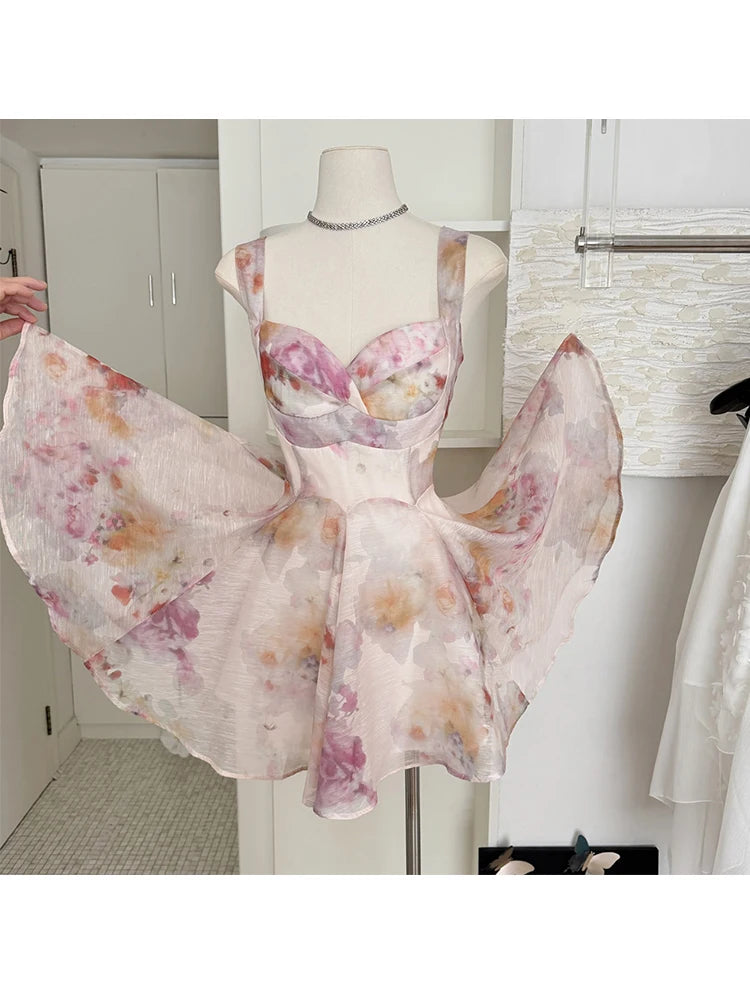 LIZAKOSHT  -  Summer Women Graduation Floral Pattern Dress Mini Frocks A-line One-Piece Cozy French Vintage Prom Gown Evening Birthday Party
