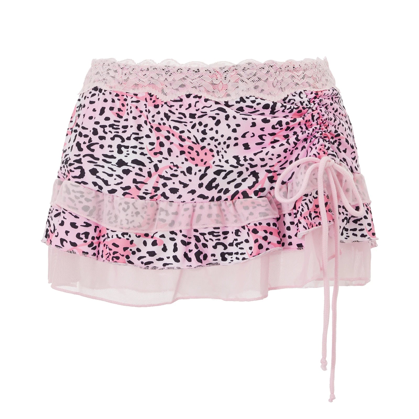 LIZAKOSHT  -  00s Vintage Aesthetic Mini Skirt Coquette Women Fairy Lace Trim Low Rise Short Skirt Y2k Leopard Print Tiered Miro Pencil Skirt