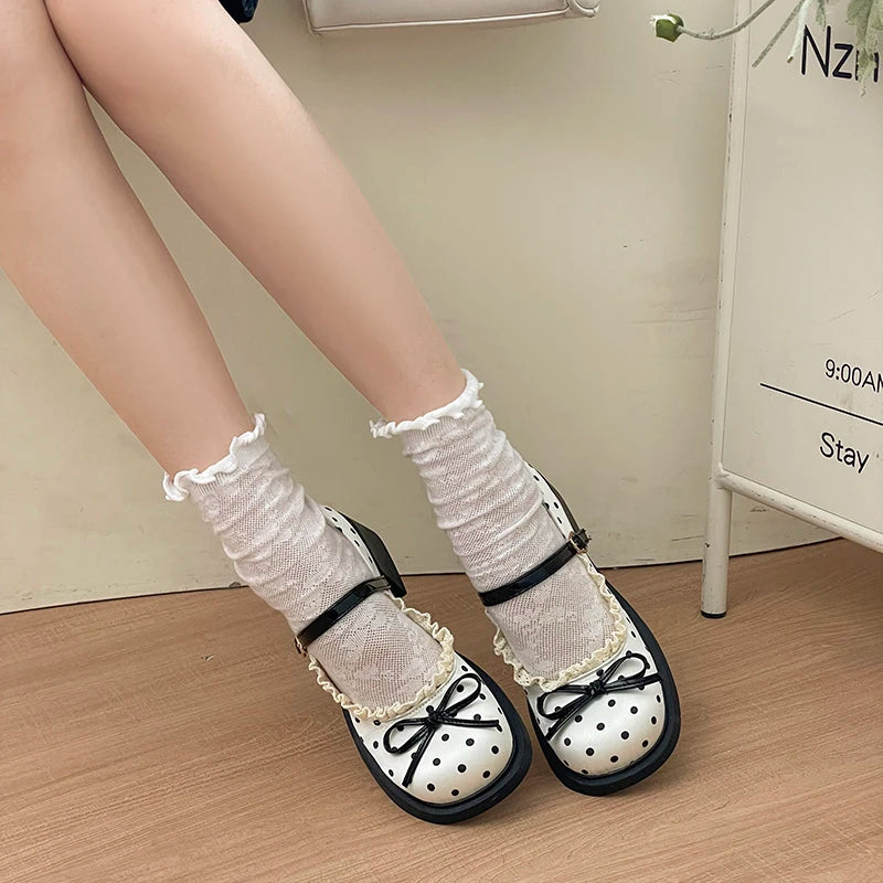 LIZAKOSHT  -  Cute Polka Dot Thick Heel Women Mary Jane Shoes Comfort Shallow Strap Pumps Ladies Eelgant Butterfly-knot Dress Single Shoes