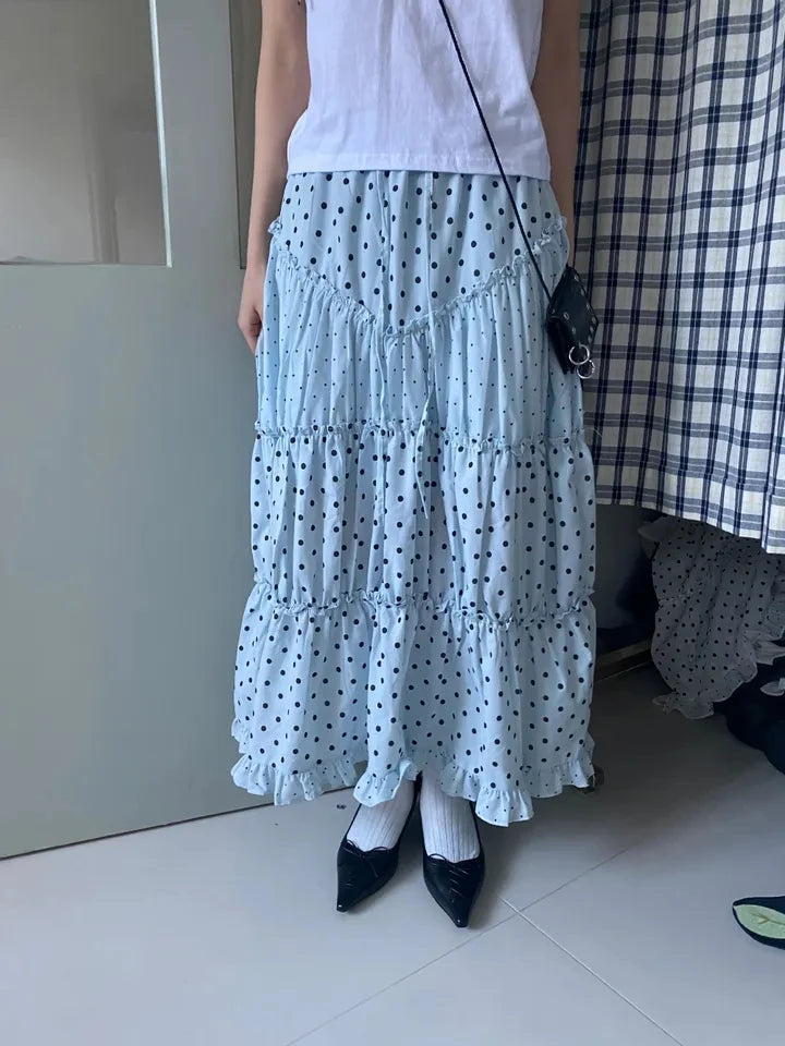 LIZAKOSHT  -  Mint Green Polka Dot Half Skirt with Lace Splicing Retro  Style Korean Waist Design Polyester Fabric H-Shape Long Skirt