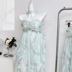 LIZAKOSHT  -  Sweet Lolita Chiffon Midi Dress Women Floral Print Ruffle Layered Halter Strapless Beach Vacation Japanese Fashion Casual Outfit