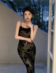 LIZAKOSHT  -  Lace Black Elegant Women Dress Vintage Strap Embroidery Floral Mermaid Midi Club Gown Robe Femme Ropa Sexy Mujer Verano Vestidos