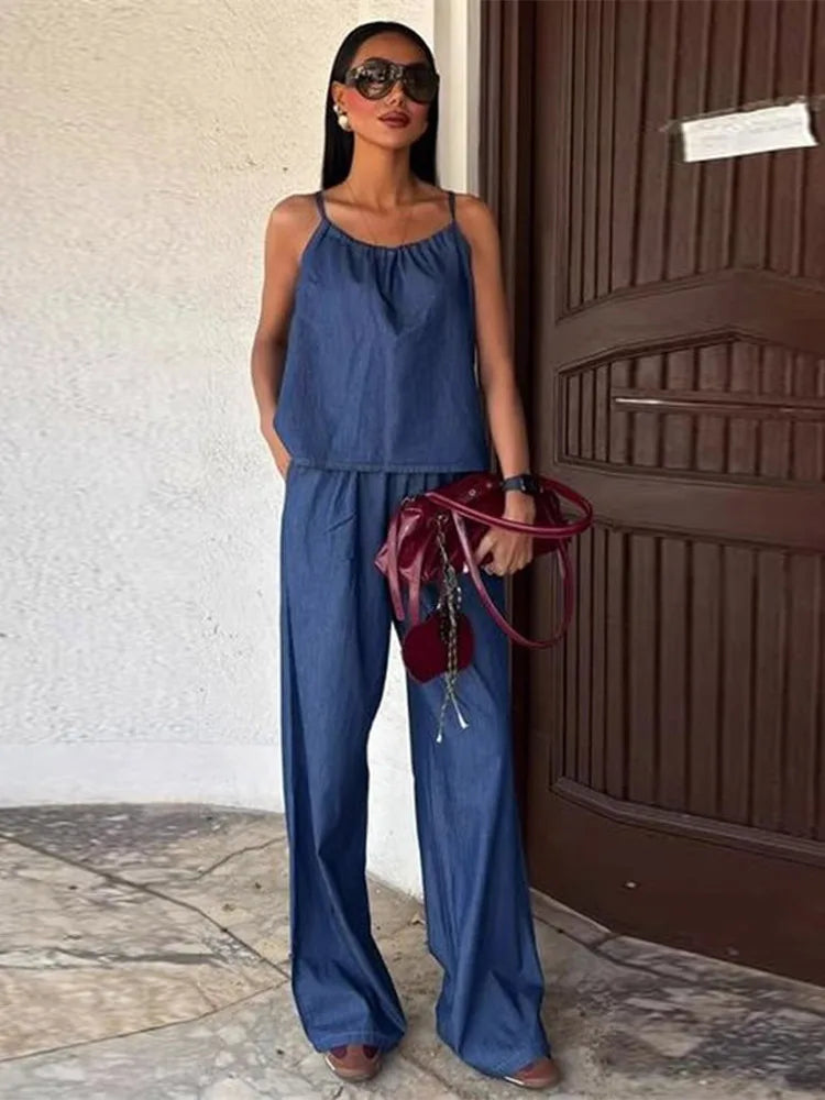 LIZAKOSHT  -  Women's Two Pieces Set Denim Pant Sets Sleeveless Tanks Tops Sets Women's Suits High Waist Wide Leg Trousers Outfit Streetwear