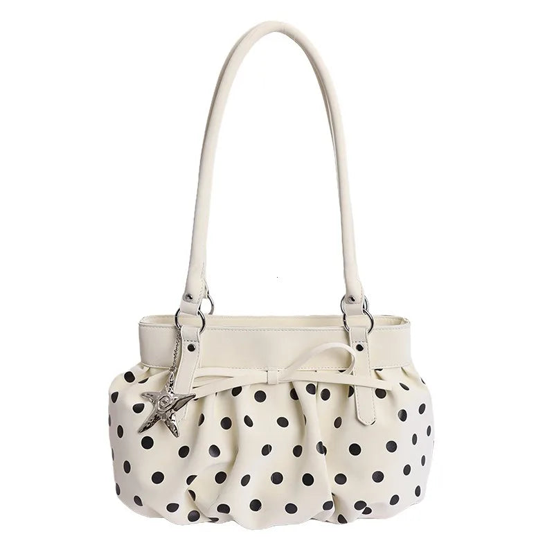 LIZAKOSHT  -  Polka Dot Ruched Shoulder Bag With Star Pendant Women Bow Decor Large Capacity Hobo Bag Retro Versatile Handbag For Daily Commut