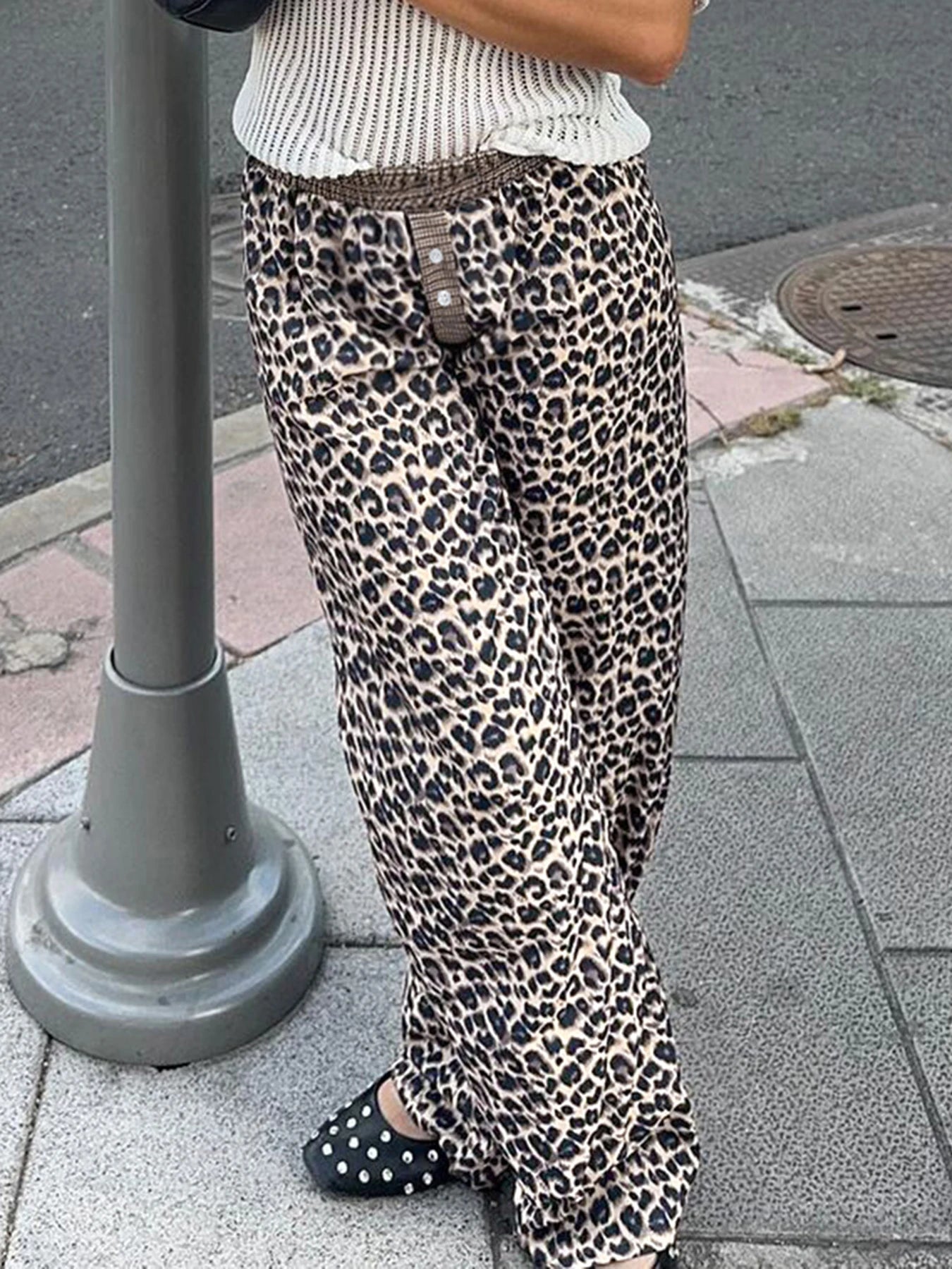 LIZAKOSHT  -  Leopard Print Patchwork Straight Pants Elastic Waist Fashion Harajuku Trousers Aesthetic 2000s Casual Baggy Bottom