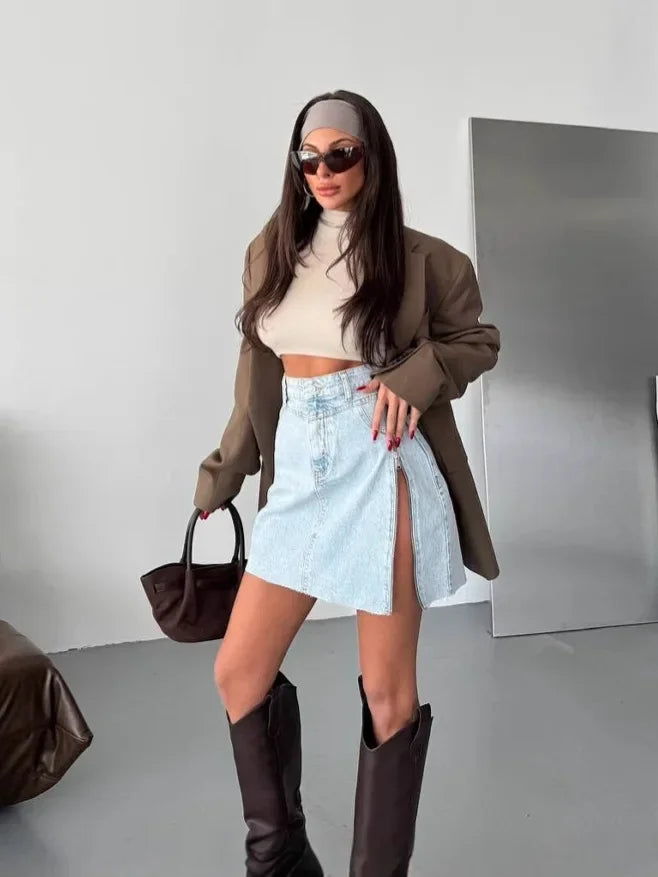 LIZAKOSHT  -  Women's Asymmetrical Zipper Denim Skirt High Waist A-Line Skirt Slim Fit Spring Summer Ladies Skirts