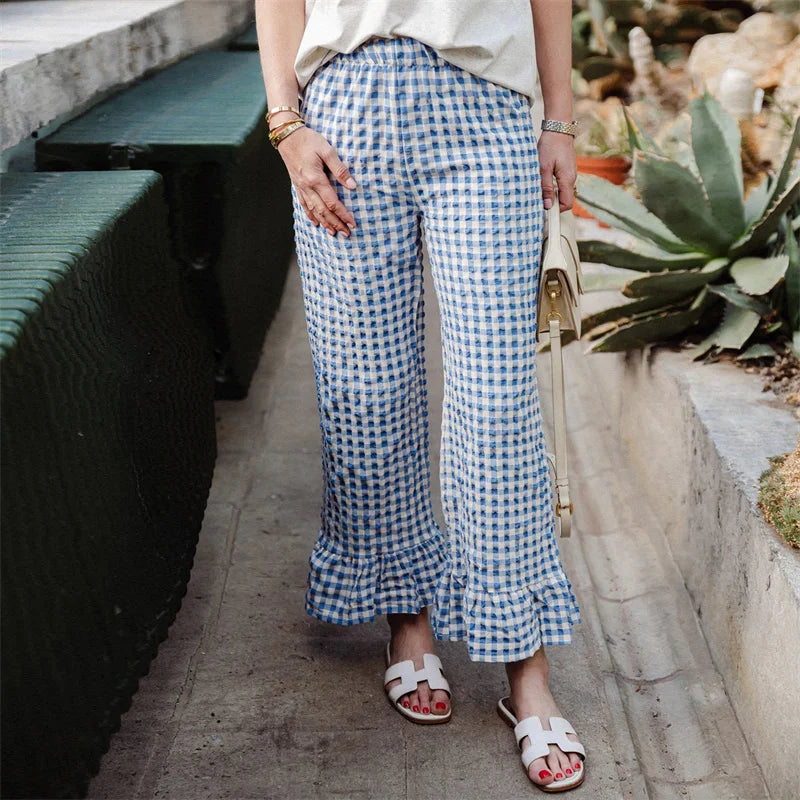 LIZAKOSHT  -  Plaid Print Pants Women y2k Clothes Elastic Waist Wide Leg Loose Ruffle Hem Trousers Summer Clothing 2000s Streetwear