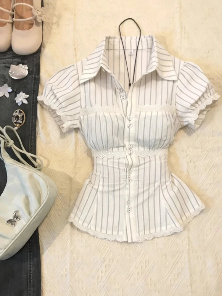 LIZAKOSHT  -  Harajuku Fashion Lace Trim Design Shirt Korean Style Sweet Color-Block Striped Short Sleeve Shirt Women Waist-Slimming Tops