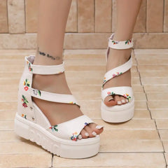 LIZAKOSHT  -  Rose Print Wedge Heel Ankle Strap Sandals Women Summer Rear Zip Chunky Platform Sandals Fashion Super High Heel Shoes