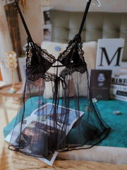 Sexy Pajamas First Love See Through Mesh Lace Suspender Nightdress with Panties High Quality French Women's Underwear Set
