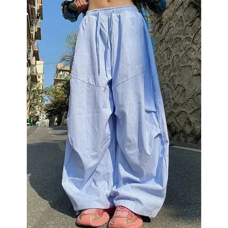 LIZAKOSHT  -  Women Striped Jazz Dance Pants Blue Loose Casual Lazy Wide Leg Pants Harajuku Y2K Summer American Streetwear Cargo Pants