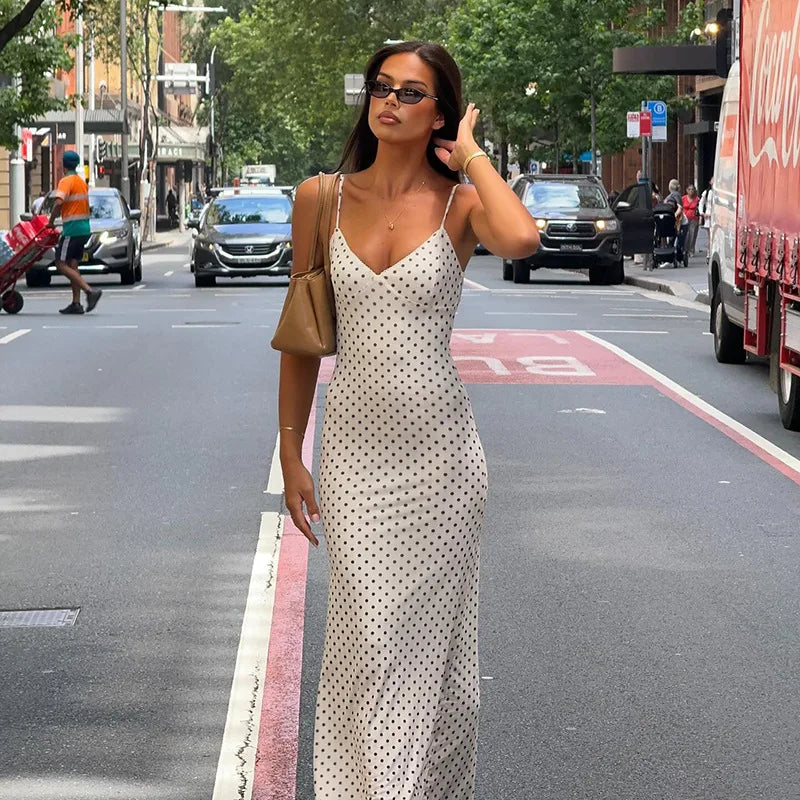 LIZAKOSHT  -  French Fashion Elegant Polka Dot Maxi Dress V-Neck Strap For Women Slim Fit Bodycon Long Dress Holiday Party Outfit