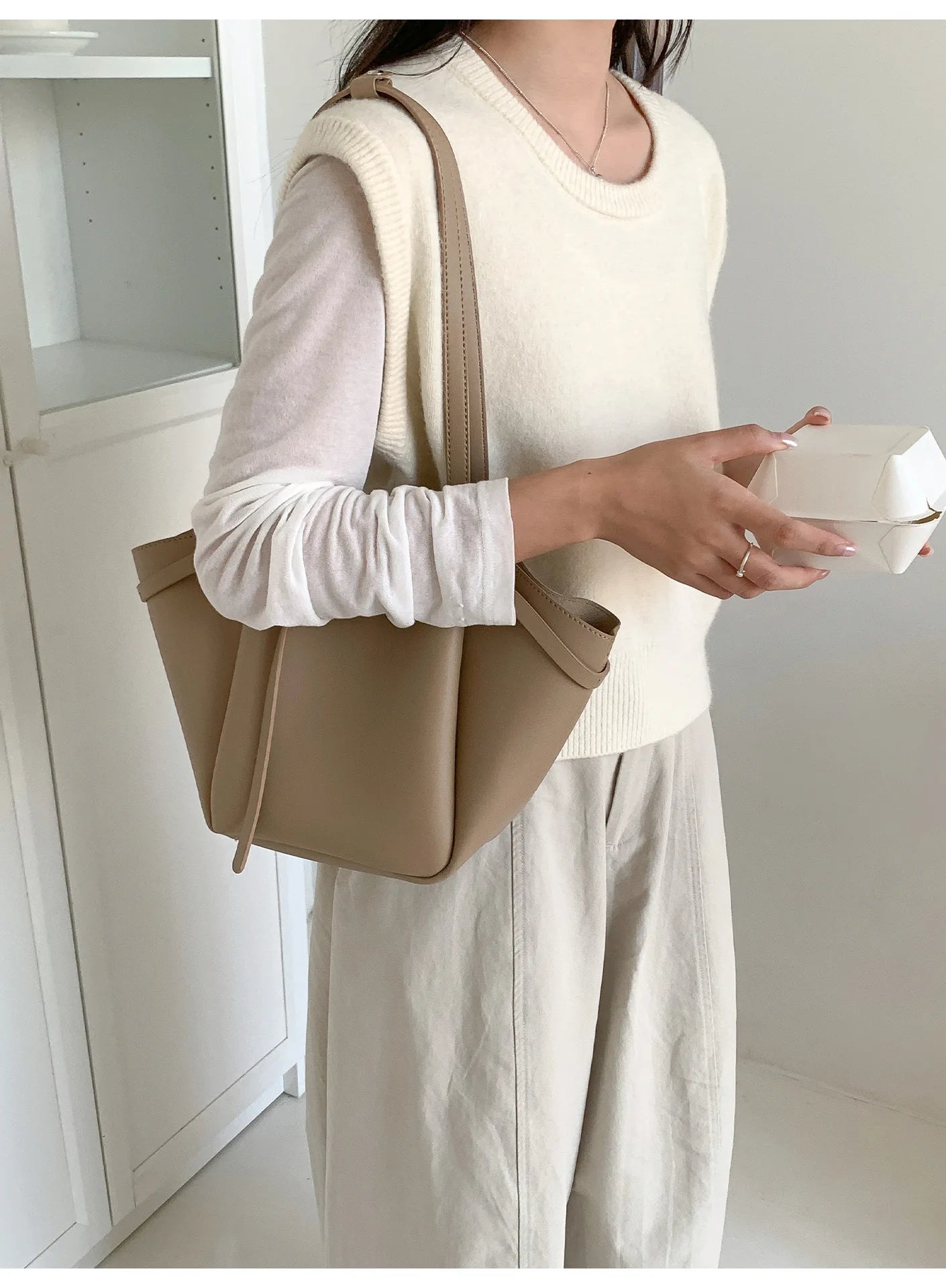 LIZAKOSHT  -  Soft PU Large Capacity Tote Bag Women Fashion Korean Style Commuter Shoulder Bag Solid Color Retro Minimalist Handbag