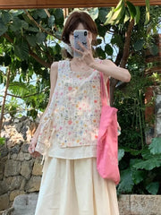 LIZAKOSHT  -  Sweet Summer Flower Print Fake Two Piece Square Neck Embroidery Loose Tanks & Camis