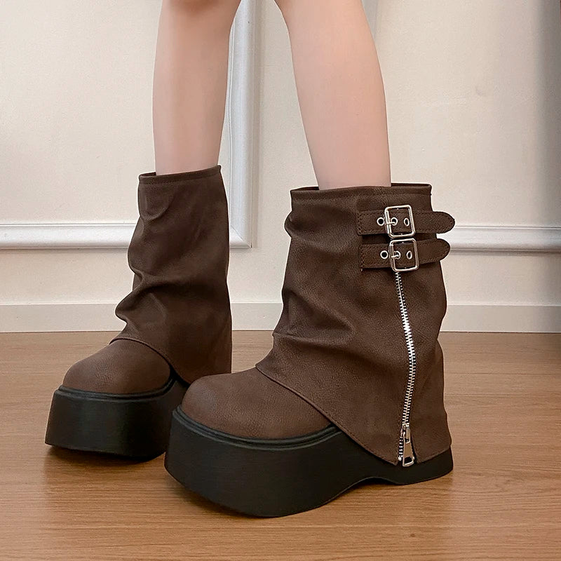 LIZAKOSHT  -  Autumn Winter Chunky Thick Sole Women Pipe Ankle Boots Designer Belt Buckle Platform Heel Shoes Modern Short Botas Para Mujer