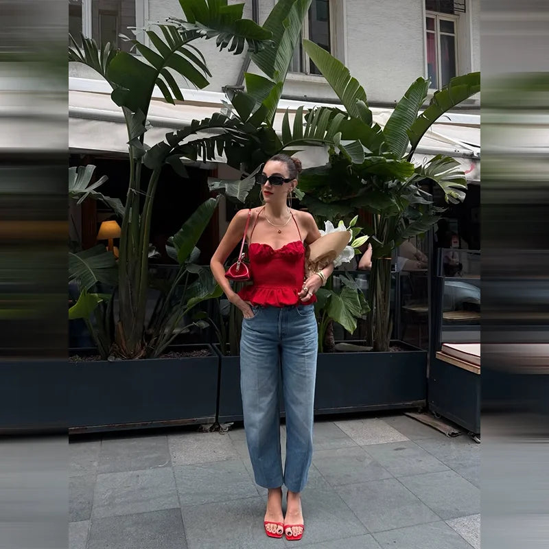 LIZAKOSHT  -  Red Halter Backless Ruffle Crop Top Women Ruched Bust Frill Hem Slim Fit Summer Casual Y2K Sleeveless Camisole for Beach Date