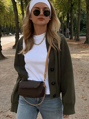 Lizakosht Olive Green Retro Women Knit Cardigan Long Sleeve Single Breasted Loose Female Sweater Autumn Chic Casual Knitwear