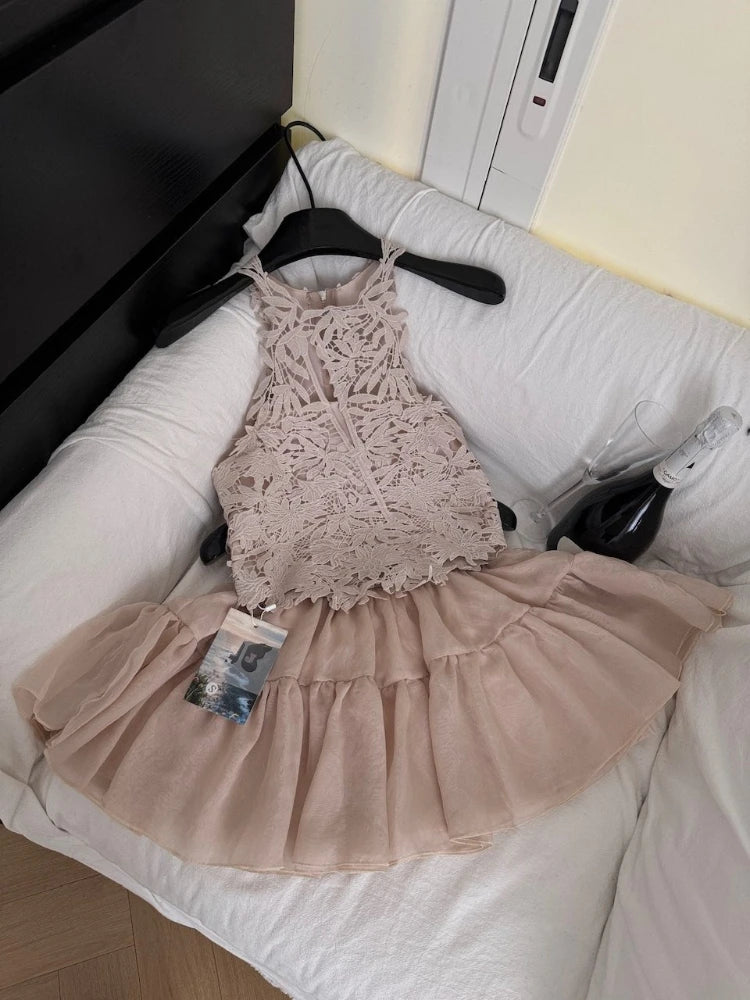 LIZAKOSHT  -  French Luxury Elegant 2 Piece Set for Women Lace Halter Neck Top + High Waist Puffy Skirt Slim Fit Sweet Sexy Chic Party Outfit