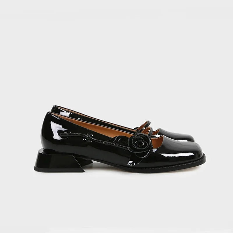 LIZAKOSHT  -  rose flower patent leather shoes woman brand designer sqaure toe pumps female thick heel button strap mary janes talons hauts