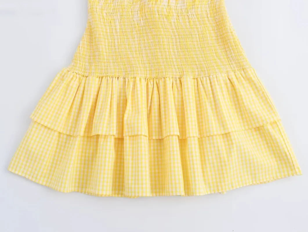 LIZAKOSHT  -  New Fashion Vintage Beach Mini Dress for Women 2024 Summer Holiday Women Casual Small Plaid Bow Yellow Dress Elegant Vestidos