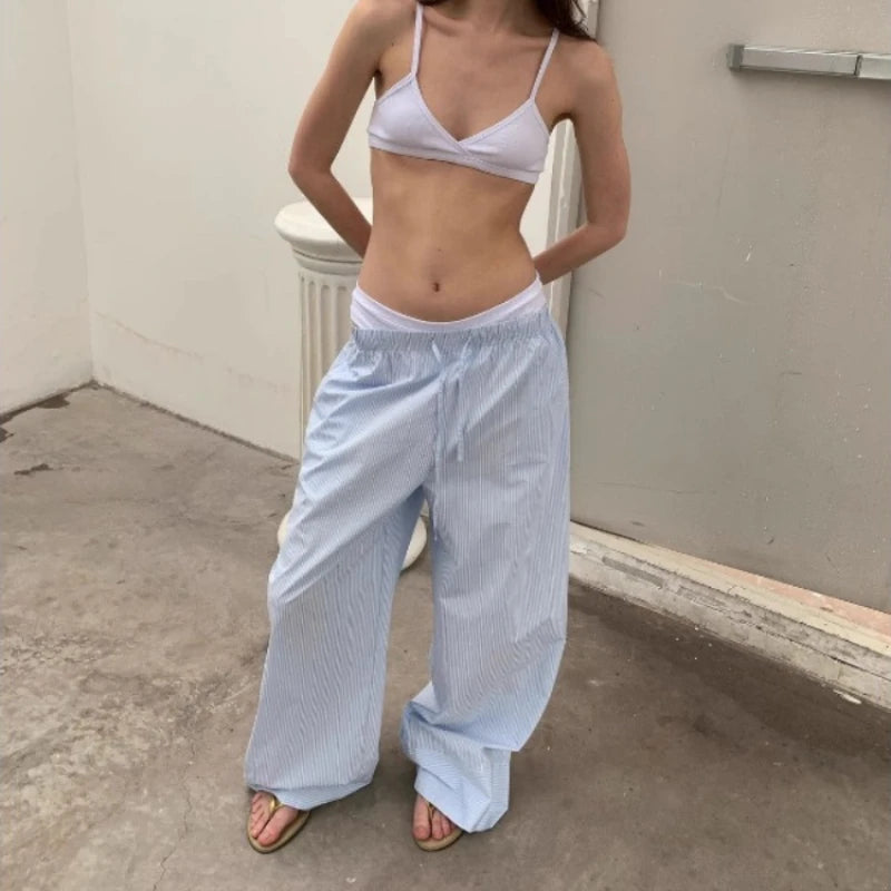 LIZAKOSHT  -  Oversized Y2k Striped Woman's Pants Baggy Harajuku Old Money Casual Basic Trousers Korean Fashion Wide Leg Elastic Waist
