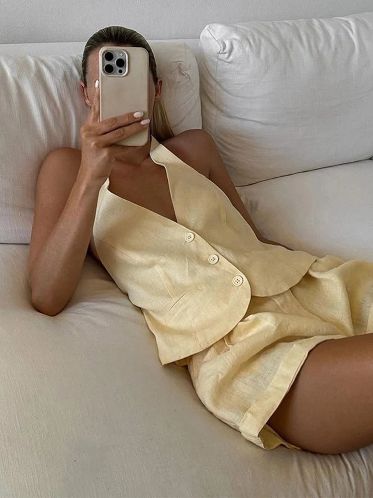 LIZAKOSHT  -  Fashion Halter Women's Two Piece Suit V-neck Sleeveless Single Breasted  Backless Top Short Pants 2025 Summer Lady Causal Outfit