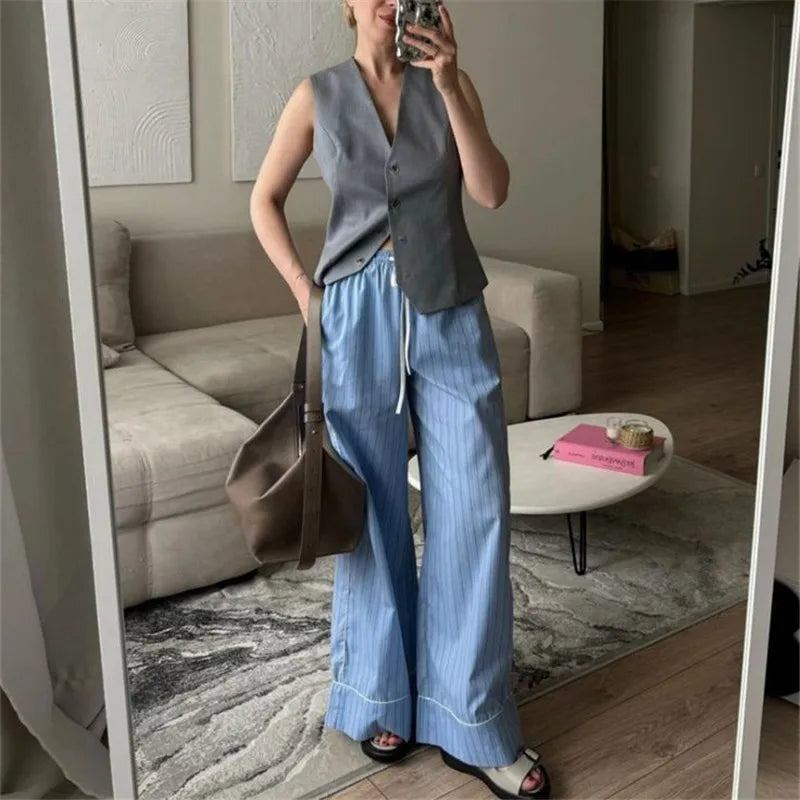LIZAKOSHT  -  Women's Straight Wide Leg Pants Y2K Vintage Drawstring Elastic Waist Striped Print Boxer Pants Casual Lounge Trousers