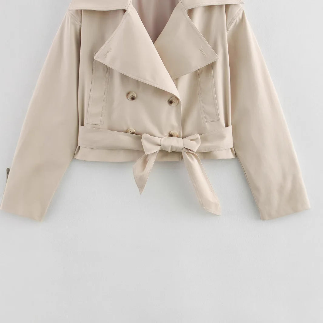 LIZAKOSHT  -  Fashion Simple Cropped Windbreaker Jackets Women New Spring Belt Long Sleeve Double Breasted Coats Solid Casual Short Coats