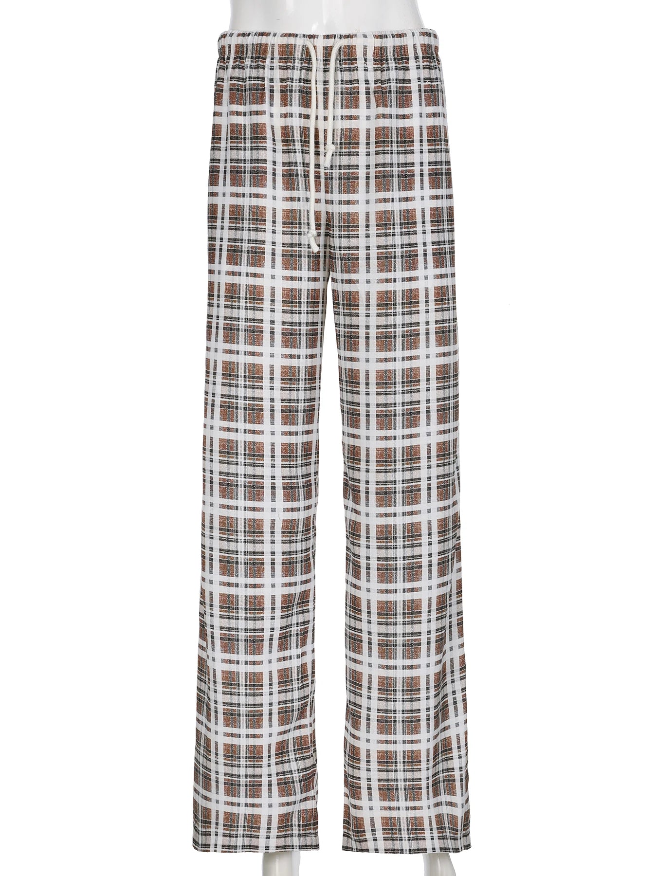 LIZAKOSHT  -  Vintage Brown Plaid Pants for Women Sweet Casual Chic Trousers Y2K Streetwear Loose Bottoms Fashion Harajuku HomePants