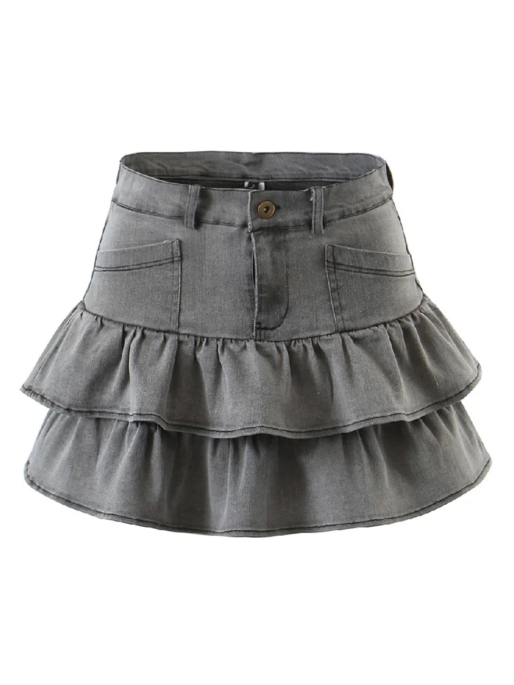 LIZAKOSHT  -  Vintage Women Hem Cascade Ruffles Skirts Y2K Cool Girl Gray Denim Ultra Low Waist Mini Skirts