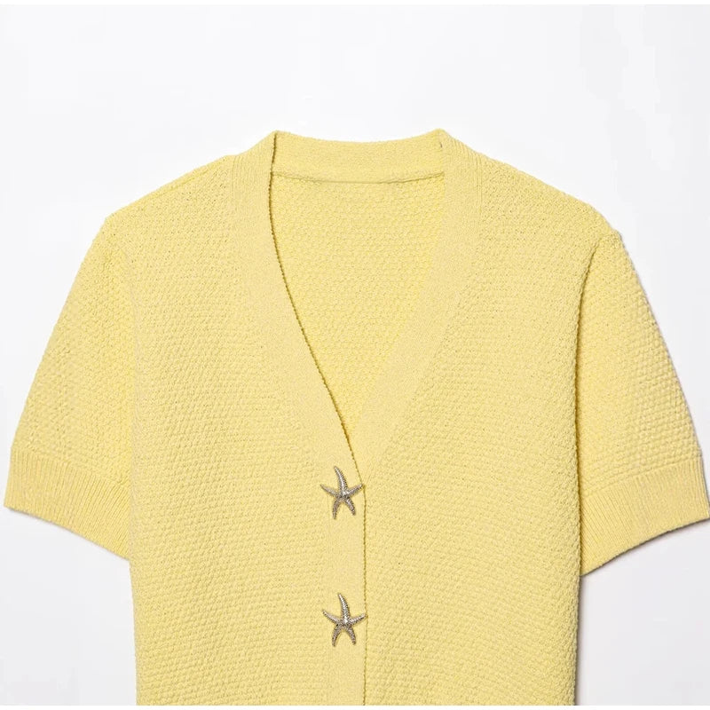 LIZAKOSHT  -  Knit Solid Women's Cardigan Fashion Loose Single-breasted Short Sleeve Female Sweater Summer V Neck Lady Knitwear 2025