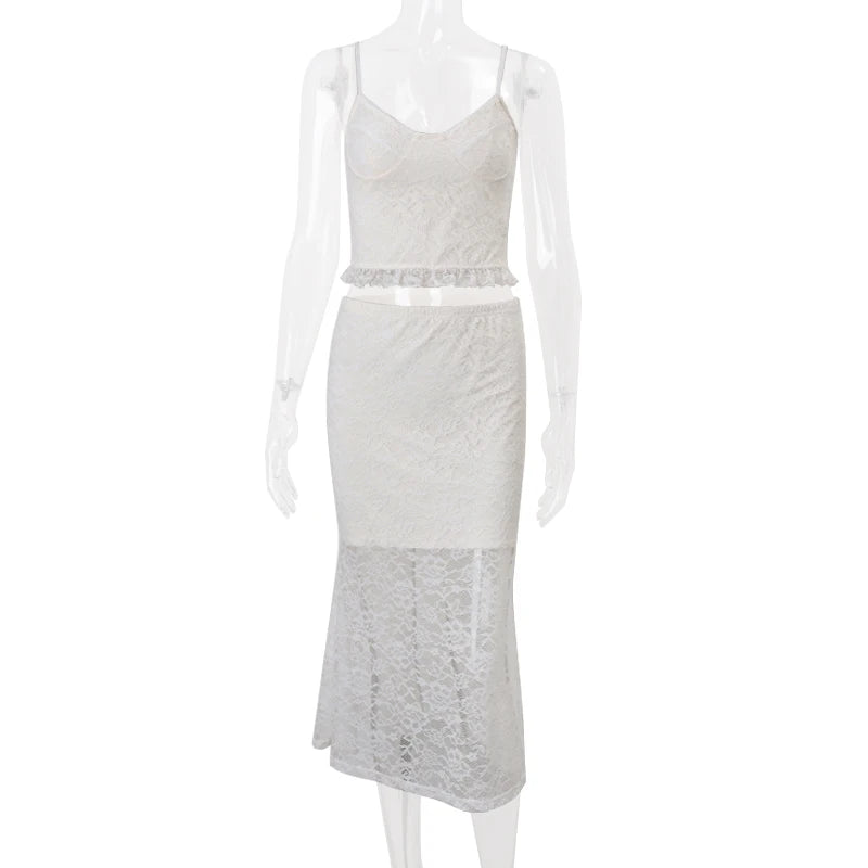 LIZAKOSHT  -  Sexy Lace V-neck Spaghetti Strap Tops and Bodycon Trumpet Long Skirt Y2K Summer Fashion Daily Outdoor Women 2 Piece Set