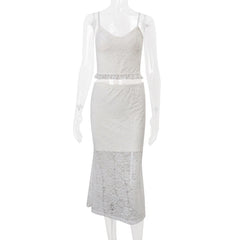 LIZAKOSHT  -  Sexy Lace V-neck Spaghetti Strap Tops and Bodycon Trumpet Long Skirt Y2K Summer Fashion Daily Outdoor Women 2 Piece Set