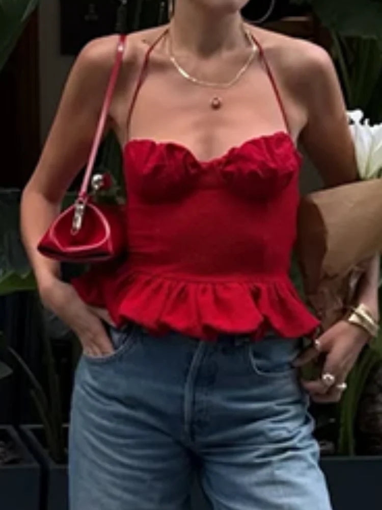 LIZAKOSHT  -  Red Halter Backless Ruffle Crop Top Women Ruched Bust Frill Hem Slim Fit Summer Casual Y2K Sleeveless Camisole for Beach Date