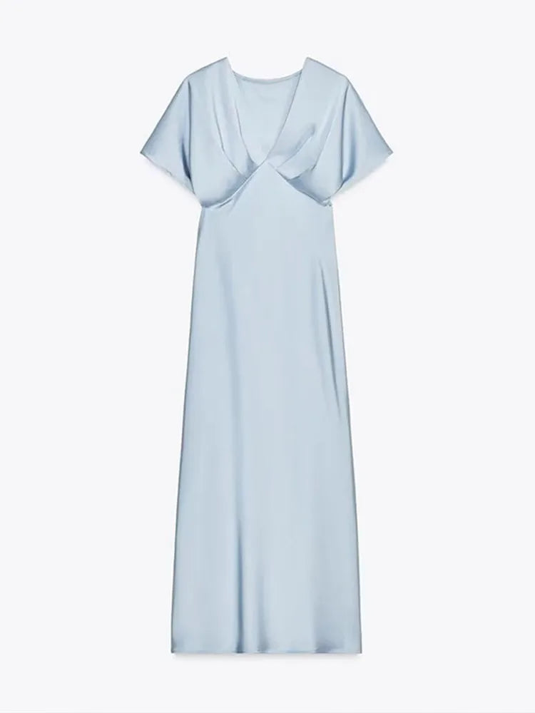 LIZAKOSHT  -  Elegant Satin Solid Long Dress Women V-neck Short Sleeve Pleated Female Party Dresses Summer Lady Chic Holiday Beach Robes